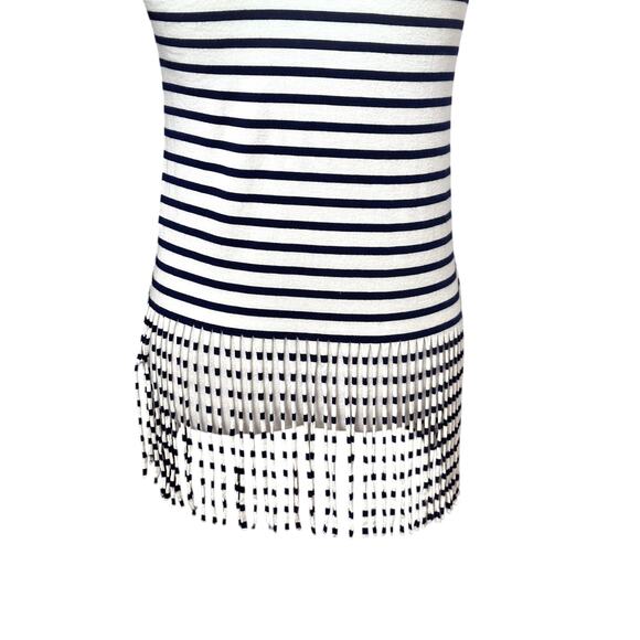 Everly Tank Top Striped Pattern Sleeveless Scoop Neck Fringe Hem White Blue XS - Picture 6 of 8